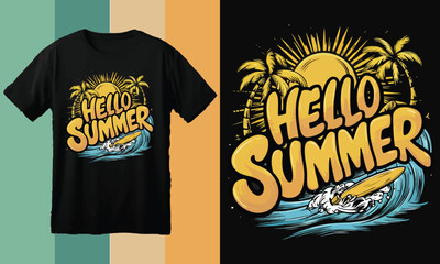 Hello Summer T-Shirt Design – Fun Beach Typography Graphic with Sun, Surfboard, Palm Trees, and Ocean Waves – Vacation Vibes Shirt Artwork