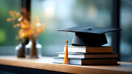 Graduation Cap on Pile of Books with Soft Background Light