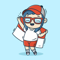 Cute girl character holding the Indonesian flag