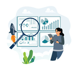 Businesswoman analyzing data visualizations with magnifying glass for success.
