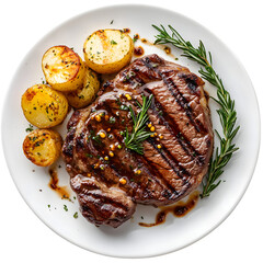 Grilled steak with roasted potatoes and rosemary isolated on transparent background