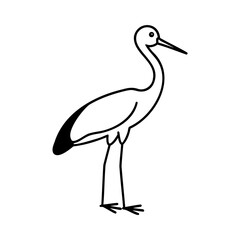 Simple black and white illustration of a standing heron bird isolated on white background