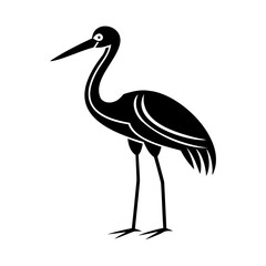 A stylized black silhouette of a majestic heron standing on a clean white background
