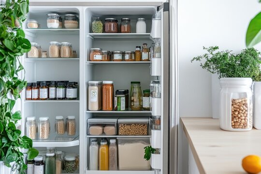 Biohacker&rsquo;s Fridge with Organized Supplements, Probiotics, Almond Milk, and Detox Meals