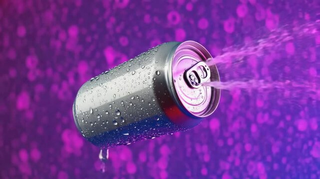 An icy soda can opens with an energetic burst, sending droplets and fizz flying against a radiant, colorful background &mdash; vibrant, refreshing 4K loop with no labels.