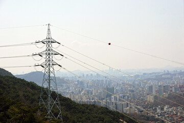 high voltage tower, Electric Transmission Tower Overlooking Eunpyeong District from Bukhansan...