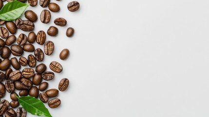 Naklejka premium Roasted Coffee Beans with Green Leaves on White Background