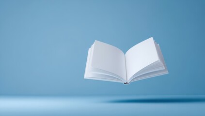 Open book floating in the air against a light blue background