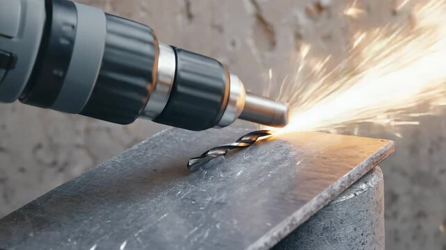 A cordless drill bit spins against a steel plate, throwing bright sparks that trace semicircles before fading&mdash;industrial 4 K loop, tool body painted solid gray without logos.