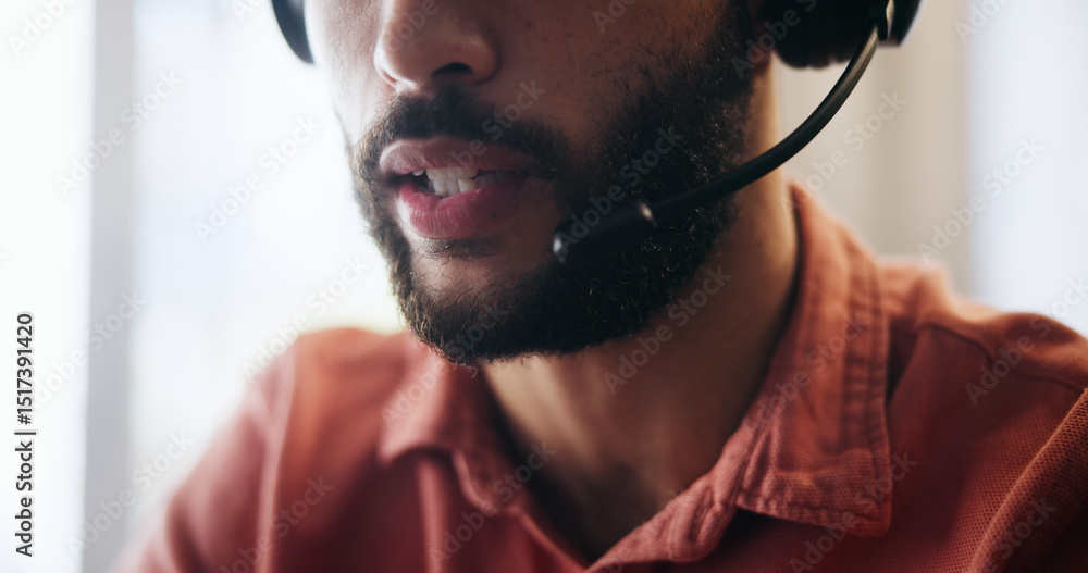 Aufkleber man, headset and mouth for remote work, virtual receptionist or assistant for help in home. male per