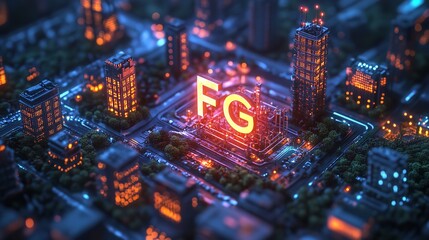 Obraz premium A futuristic city glows beneath the neon FG digital innovation connectivity hub with low angle and