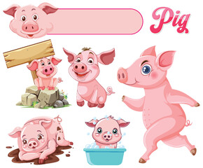 Playful Pig Illustrations Set