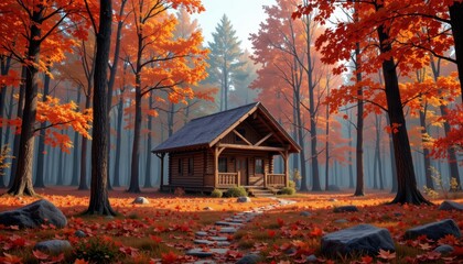 Cozy Log Cabin nestled in a vibrant Autumn forest with a stone pathway Perfect for fall themed designs