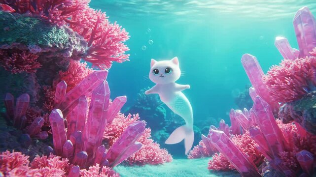 Cute mermaid cat underwater coral reef