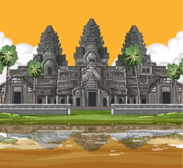 Fototapeta premium Angkor Wat Temple Vector Illustration with Reflection