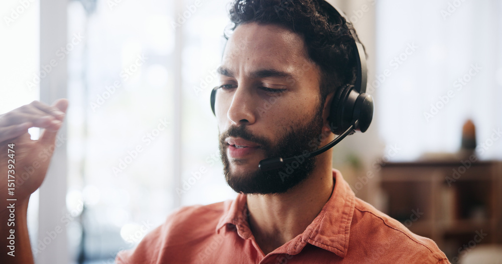 Aufkleber Man, headset and explanation for remote work, virtual receptionist or assistant for help in home. Male person, call center and customer service hotline with agent, talk and conversation for support
