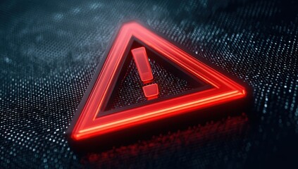 Red warning triangle with exclamation point, glowing on a dark textured surface