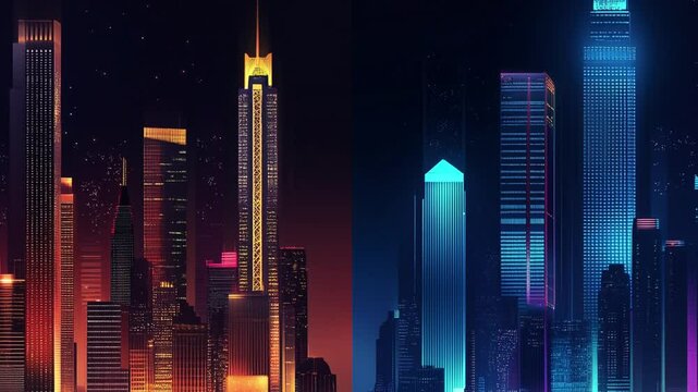 A video of red vs blue building modern business district of Bangkok at night. city skyline at night