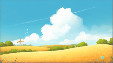 Windmill in golden wheat field under blue sky and white clouds illustration