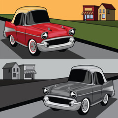 Red Retro Muscle Car in Rural Landscape &ndash; Flat and Comic Design