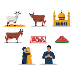 The image features livestock meat cuts a mosque and people suggesting a religious or cultural event