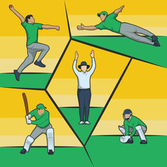 Flat Design Illustration: People Playing Cricket in Various Poses