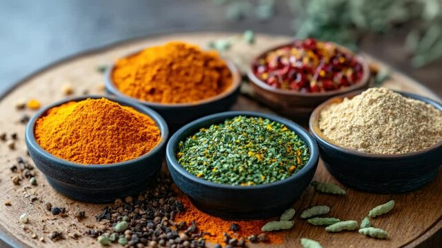Assorted spices in small bowls on a wooden board