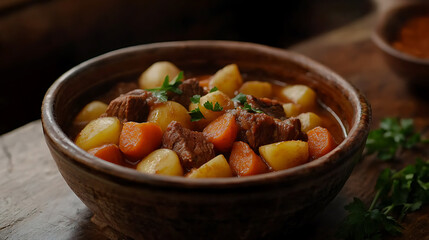 Hearty Beef Stew with Carrots and Potatoes in a Ceramic Bowl