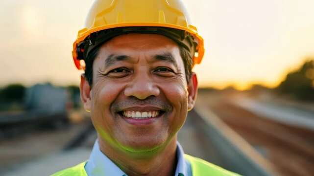 Smiling middle aged Asian male supervisor with clipboard on construction site. The middle-aged supervisor takes the time to connect with his team, boosting morale on-site.