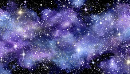 Naklejka premium Cosmic nebula swirls in vibrant purples and blues, dotted with glittering stars