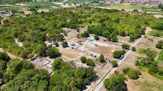 Aerial View of Ancient Archaeological Site of Dion, Greece Surrounded by Nature