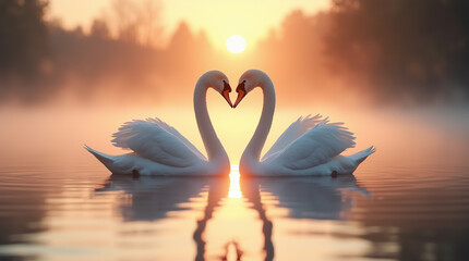 Fototapeta premium Two graceful white swans face each other on a calm lake at sunrise, forming a heart shape with their curved necks.