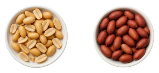 Assorted Varieties of Raw Peanuts Displayed in Bowls, Including Raw Shelled and Un-shelled Nuts, Perfect for Healthy Snacking, Isolated on Transparent and White Background