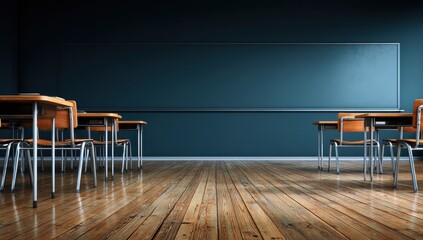 Empty classroom, dark teal walls, wooden floor, rows of desks and chairs