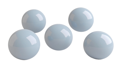 Esferas flotantes de color blanco en 3D brillantes sobre fondo transparente