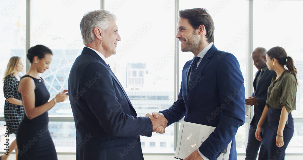 Aufkleber conference, shaking hands and greeting with business men in office together for event. welcome, part