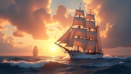 Fototapeta premium Sailing ship at sunset seascape painting, ocean art, vintage tall ship, nautical vessel, sea voyage 