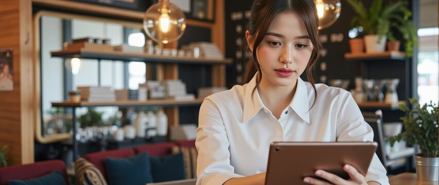 Stylish coffee shop owner female holding tablet behind counter checking orders contemporary cafe interior marketing visual