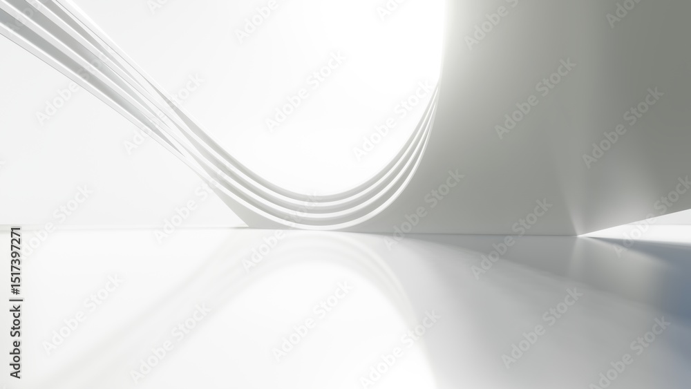 Aufkleber Abstract white curved architecture background, Empty wavy space with reflected concrete floor, Futuristic modern interior backdrop, 3d rendering of circular building