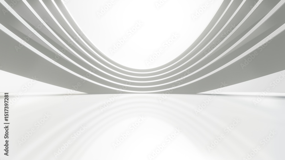 Fototapete Abstract white curved architecture background, Empty wavy space with reflected concrete floor, Futuristic modern interior backdrop, 3d rendering of circular building
