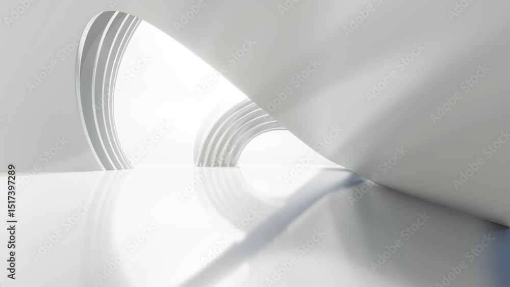 Leinwandbilder Abstract white curved architecture background, Empty wavy space with reflected concrete floor, Futuristic modern interior backdrop, 3d rendering of circular building