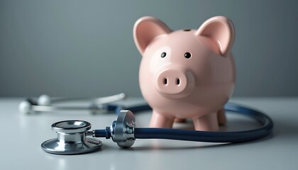Pink Piggy Bank with Stethoscope Healthcare Savings Still Life