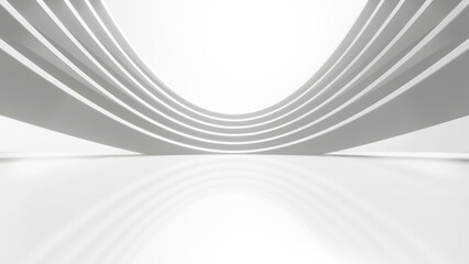 Abstract white curved architecture background, Empty wavy space with reflected concrete floor, Futuristic modern interior backdrop, 3d rendering of circular building