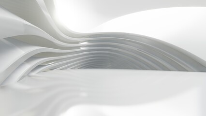 Abstract white curved architecture background, Empty wavy space with reflected concrete floor, Futuristic modern interior backdrop, 3d rendering of circular building