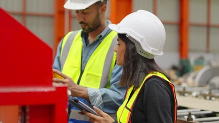 Workers or engineers working on metal roof sheet forming machine in the factory - Powered by Adobe
