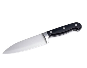 Sharp chef&rsquo;s knife with black handle on white background