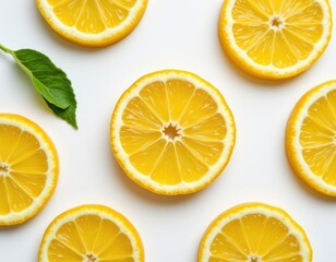 Obraz premium crisp slice of fresh lemon placed in center on white background, top down view with bright citrus color.