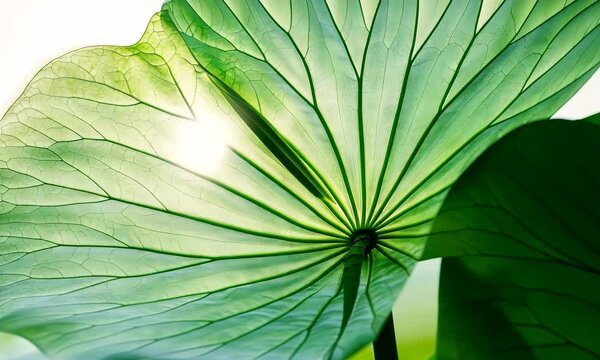 Close-up of a lotus leaf in sunlight