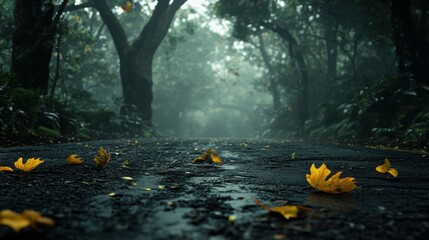 Rainy autumn road through misty forest, fallen leaves