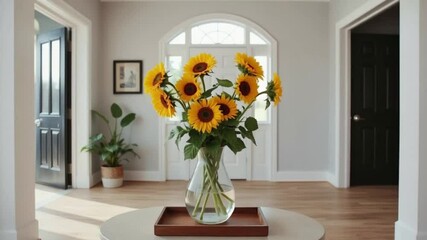 Bouquet of sunflowers in a vase on a table in a bright hallway   - Powered by Adobe